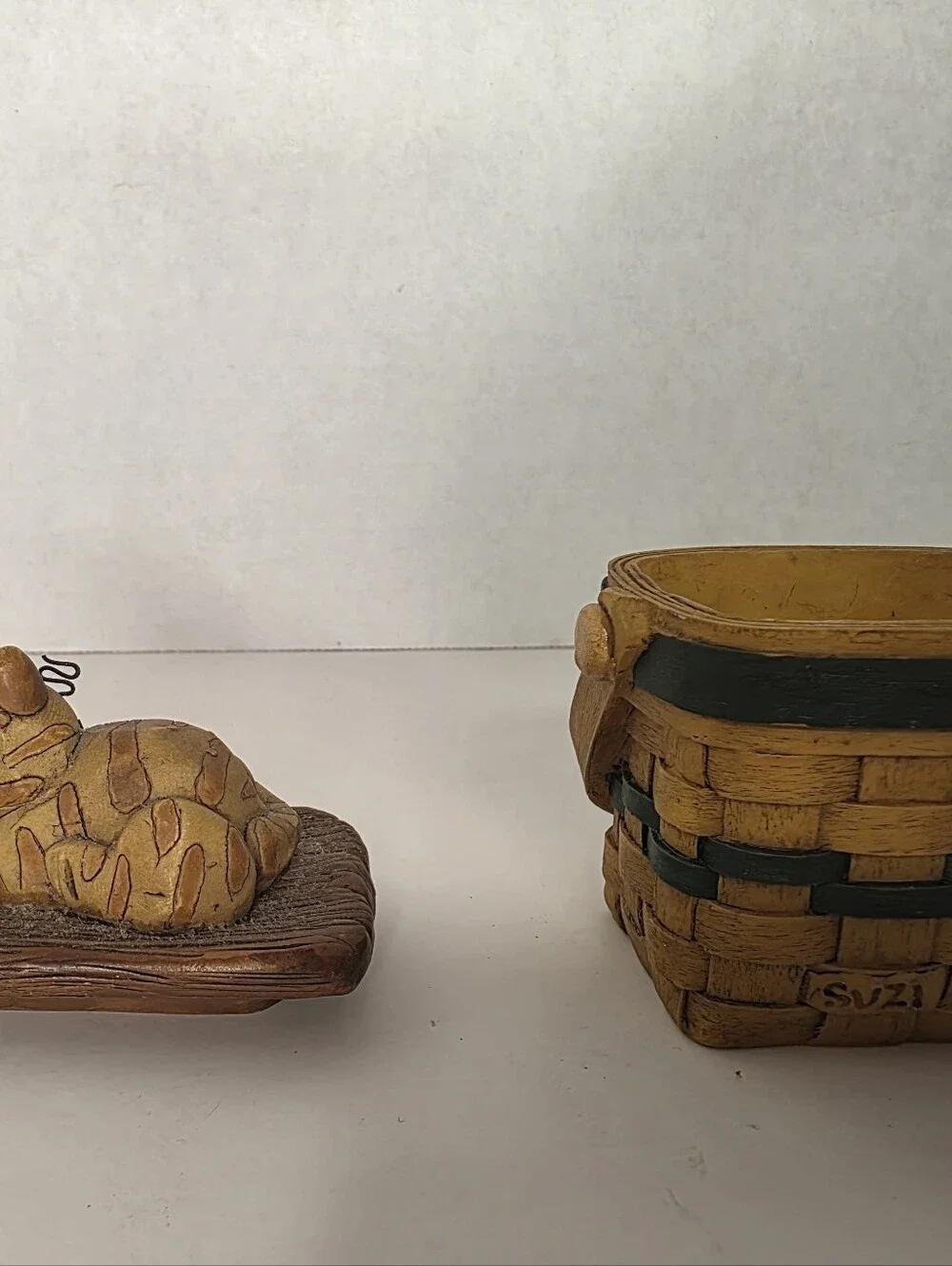Orange Cat and Mouse on Basket Trinket Box signed Suzy